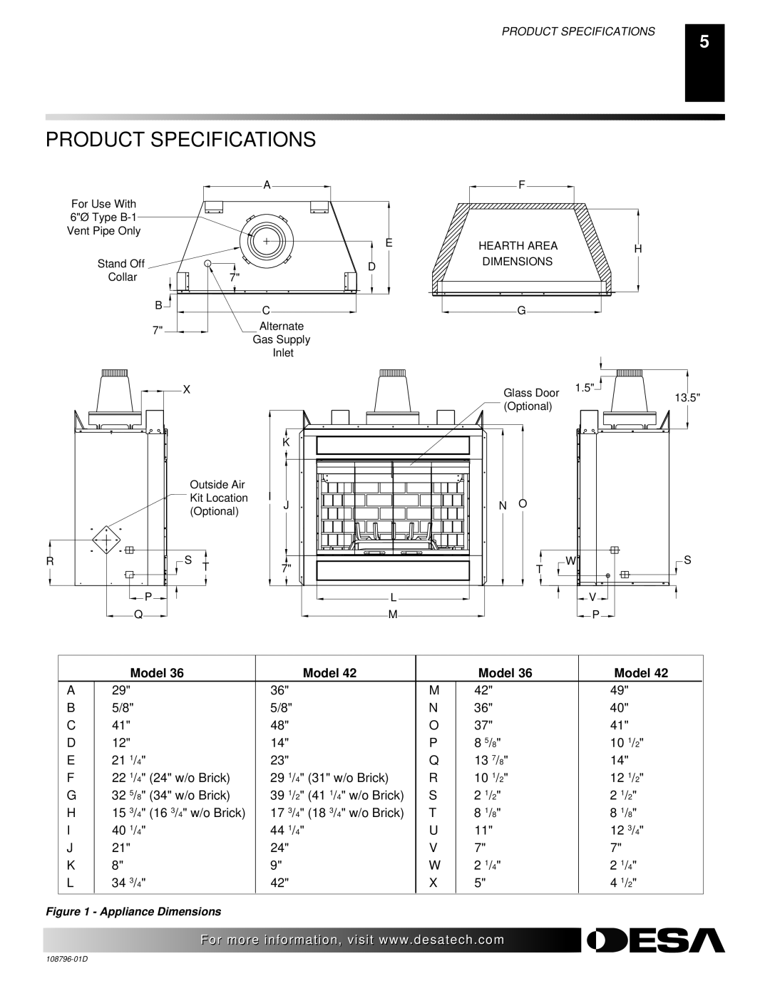 Desa M36E, M42E, VM36E, VM42E, H) AND VM42E(B installation manual Product Specifications, Model 