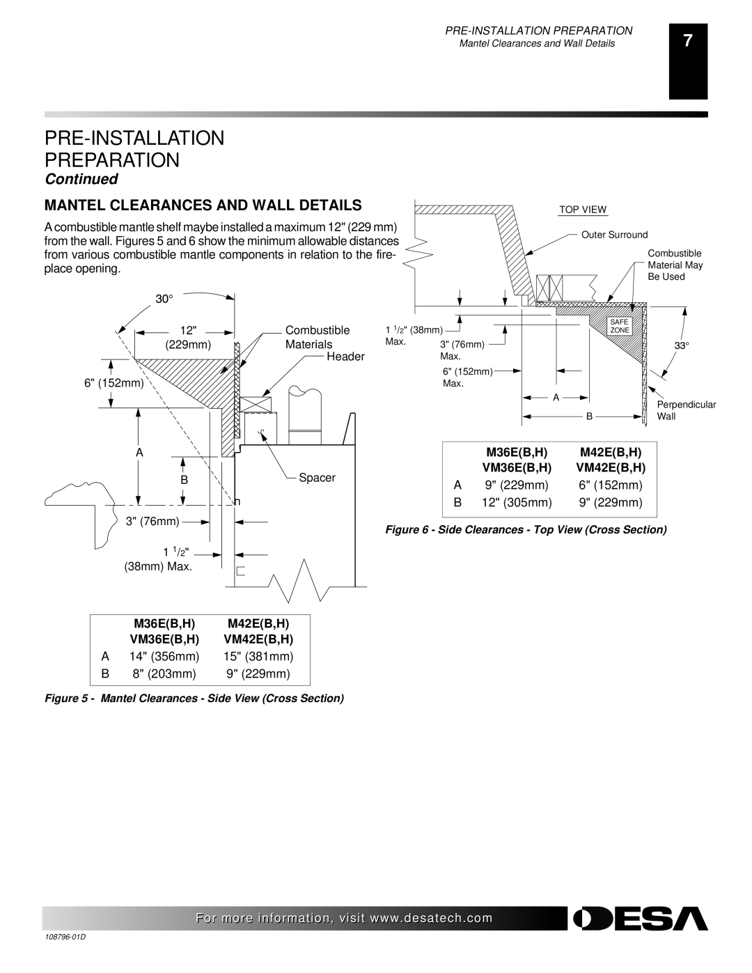 Desa M36E, M42E, VM36E, VM42E, H) AND VM42E(B Mantel Clearances and Wall Details, M36EB,H M42EB,H, VM36EB,H VM42EB,H 