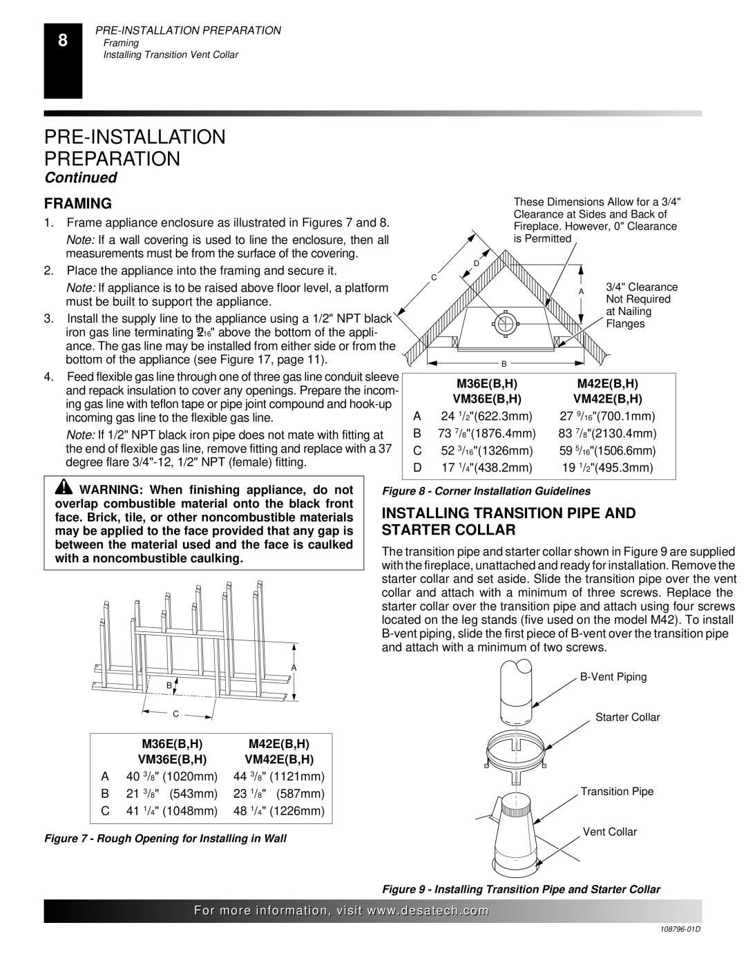 Desa H) AND VM42E(B, M36E, M42E, VM36E, VM42E installation manual Framing, Installing Transition Pipe and Starter Collar 