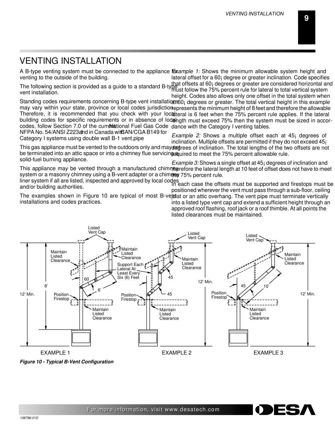 Desa M36E, M42E, VM36E, VM42E, H) AND VM42E(B installation manual Venting Installation, Typical B-Vent Configuration 