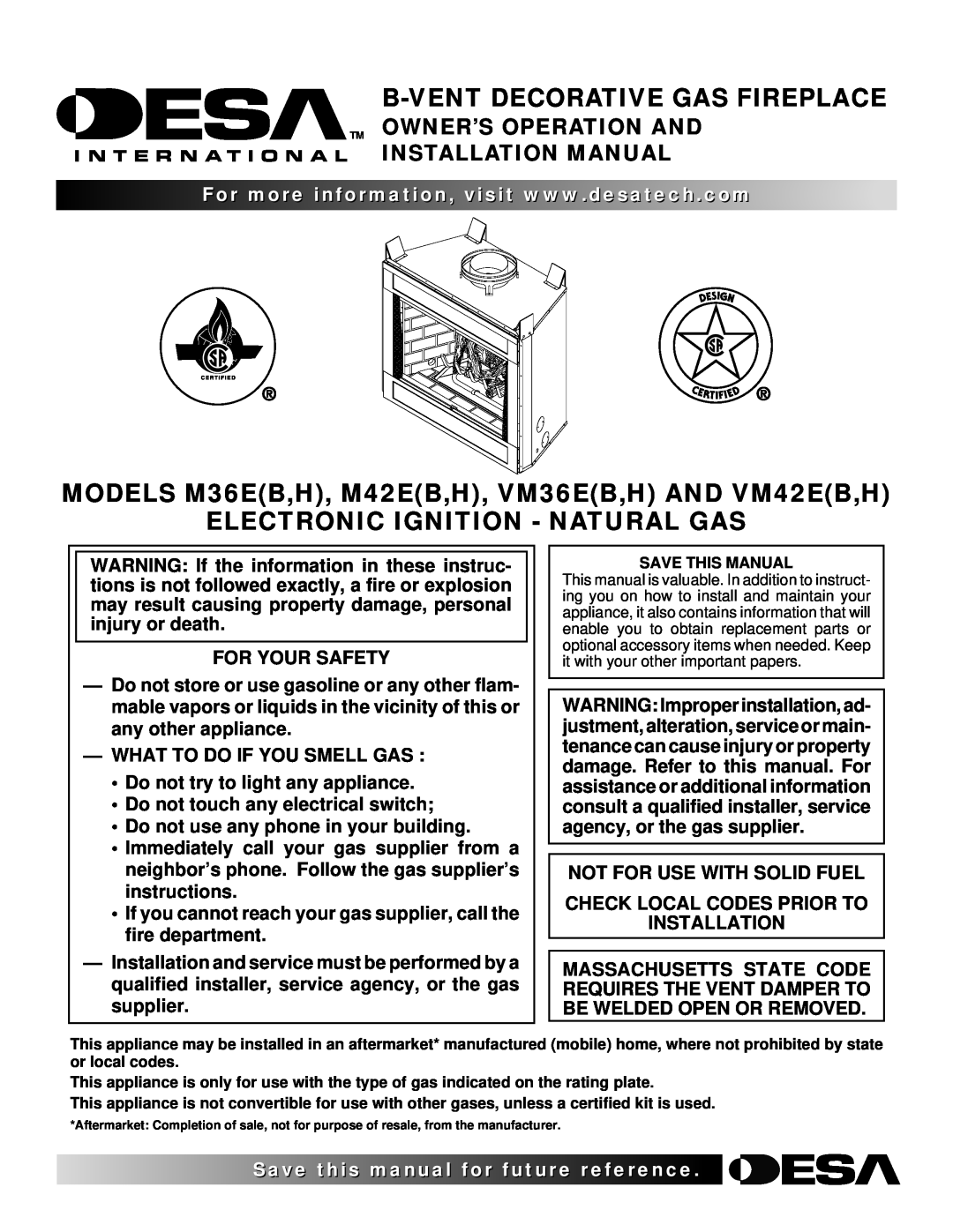 Desa M36E, M42E, VM36E, VM42E installation manual B-Ventdecorative Gas Fireplace, Electronic Ignition - Natural Gas 