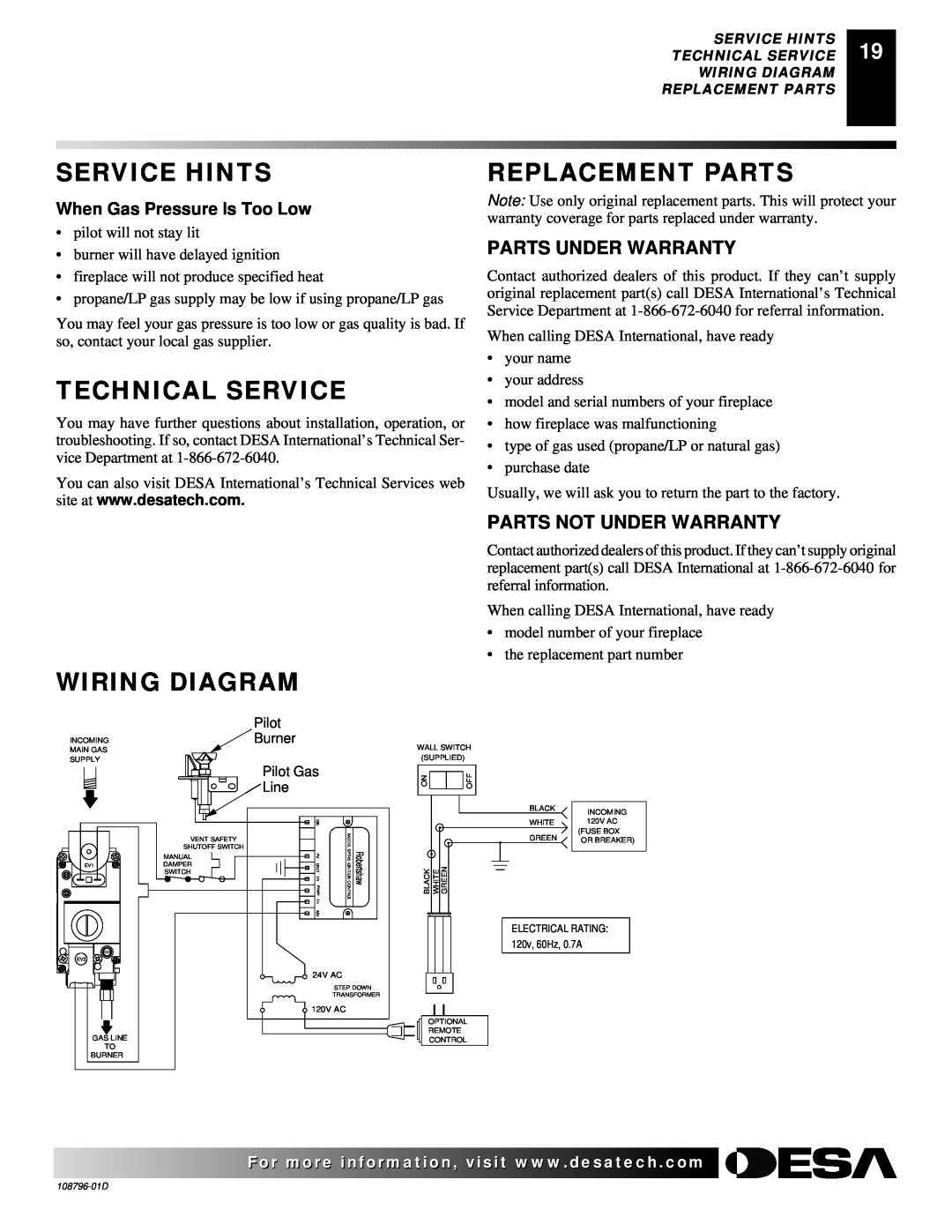 Desa M36E, M42E, VM36E, VM42E Service Hints, Technical Service, Wiring Diagram, Replacement Parts, Parts Under Warranty 
