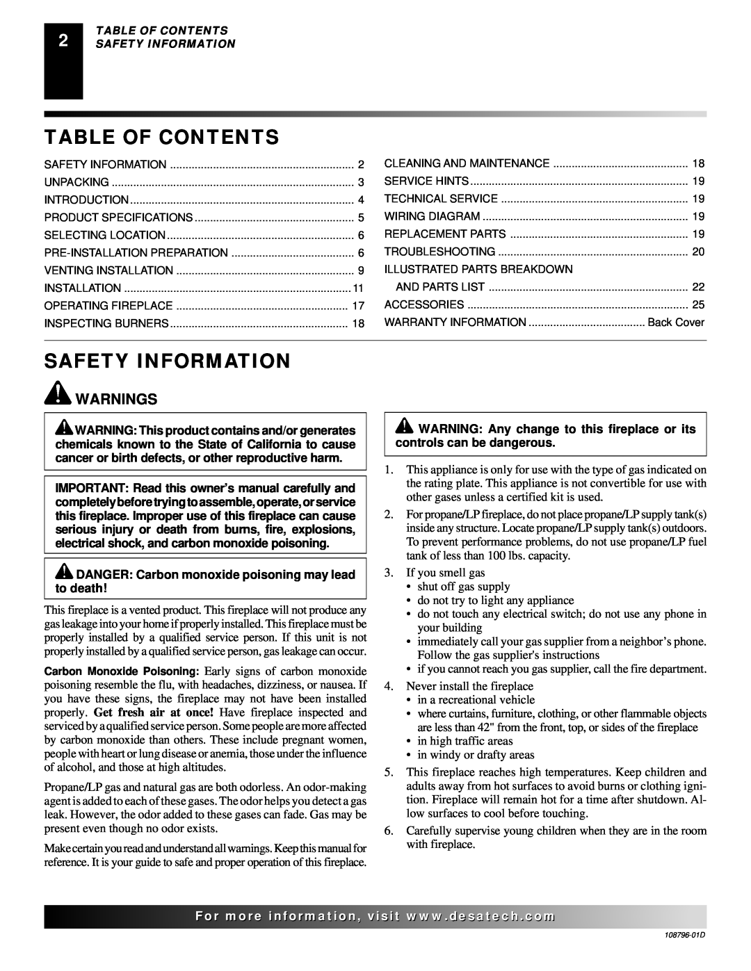 Desa H) AND VM42E(B, M36E, M42E, VM36E, VM42E installation manual Table Of Contents, Safety Information, Warnings 