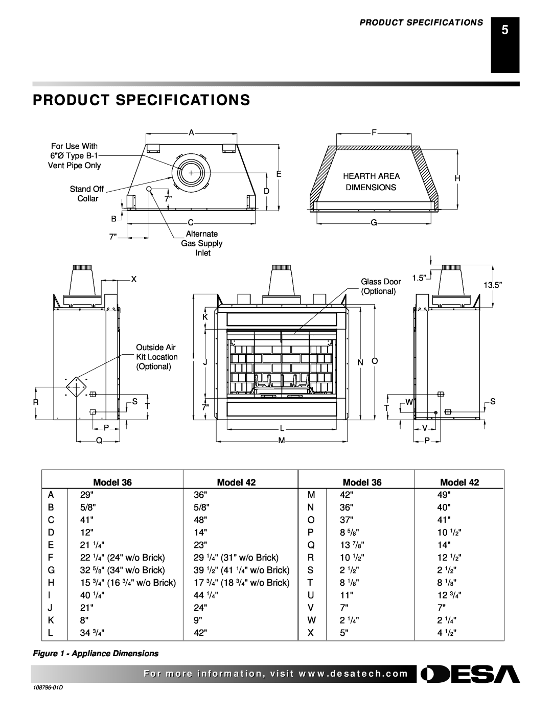 Desa M36E, M42E, VM36E, VM42E, H) AND VM42E(B installation manual Product Specifications, Model 