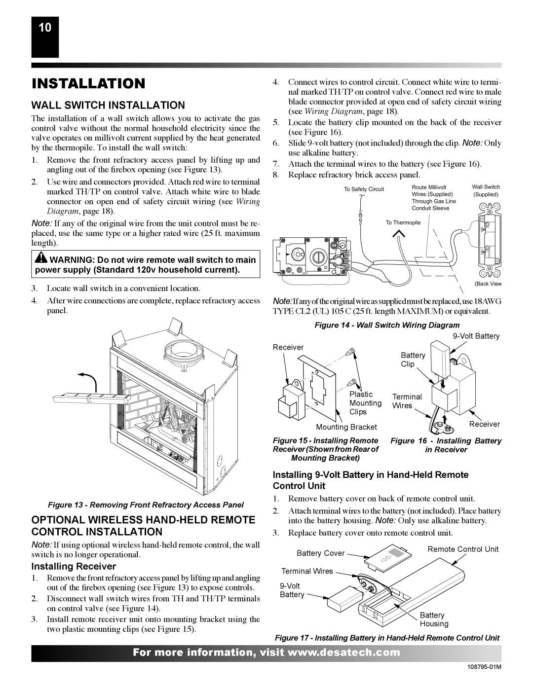 Desa H) AND VM42(B, H) AND VM42P(B Wall Switch Installation, Optional Wireless HAND-HELD Remote Control Installation 