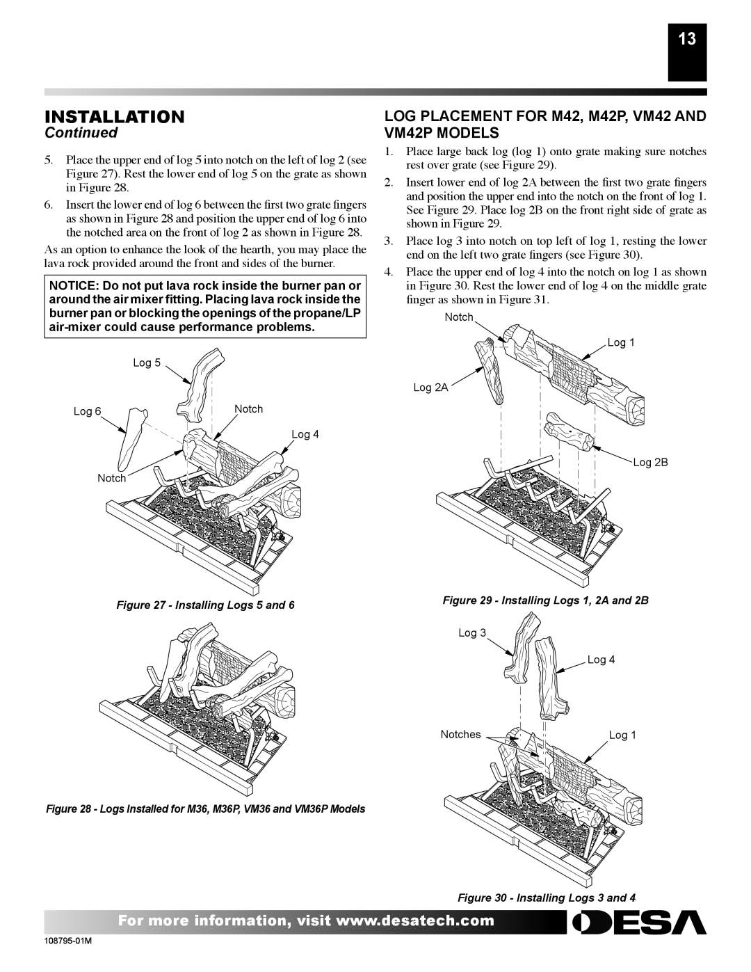 Desa H) AND VM42P(B, H) AND VM42(B, VM36P installation manual LOG Placement for M42, M42P, VM42 and VM42P Models 