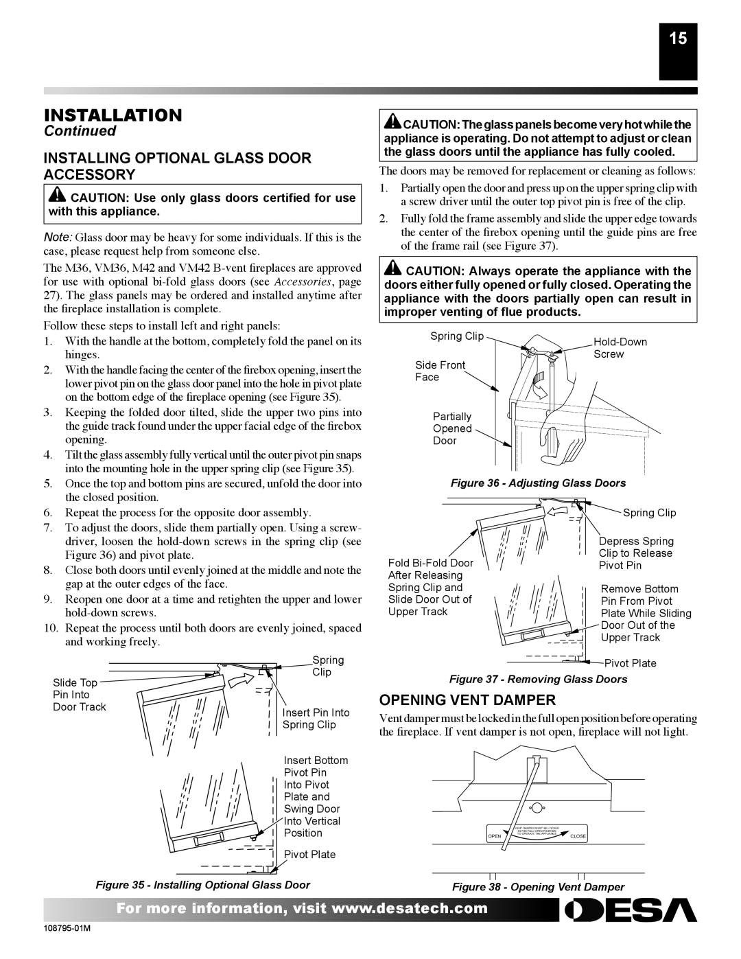 Desa H) AND VM42P(B, H) AND VM42(B, VM36P Installing Optional Glass Door Accessory, Opening Vent Damper 