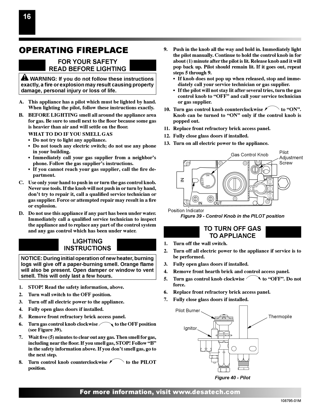 Desa H) AND VM42(B, H) AND VM42P(B, M36P Operating Fireplace, For Your Safety Read Before Lighting, Lighting Instructions 