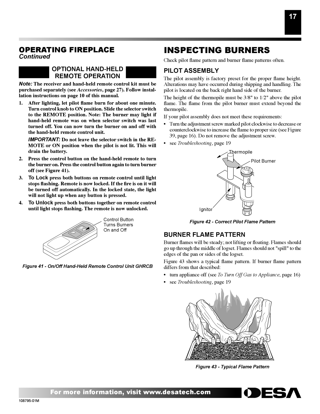 Desa VM36P, H) AND VM42P(B Inspecting Burners, Operating Fireplace, Optional HAND-HELD Remote Operation, Pilot Assembly 