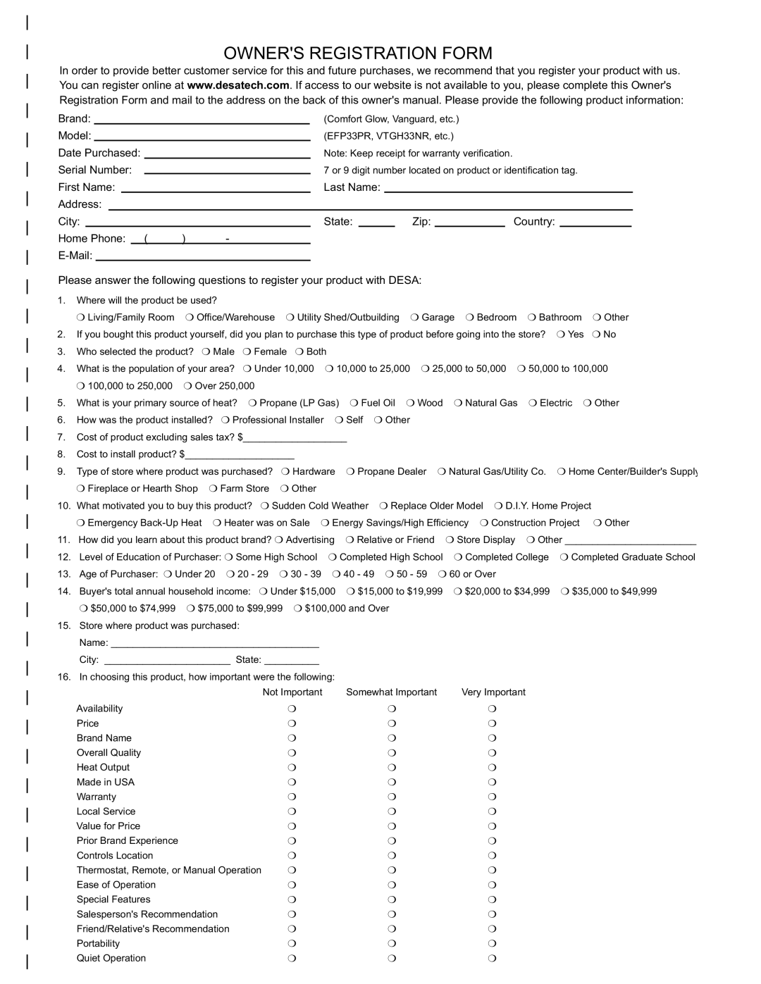 Desa H) AND VM42P(B, H) AND VM42(B, VM36P installation manual Owners Registration Form 