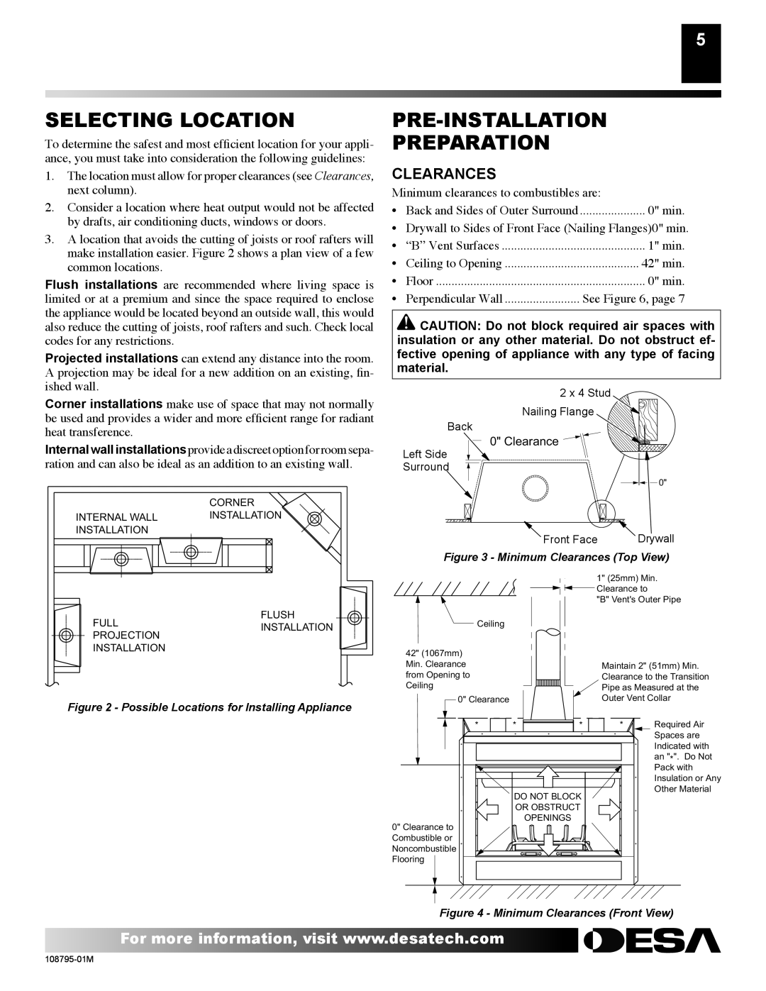 Desa VM36P, H) AND VM42P(B, H) AND VM42(B installation manual Selecting Location, PRE-INSTALLATION Preparation, Clearances 