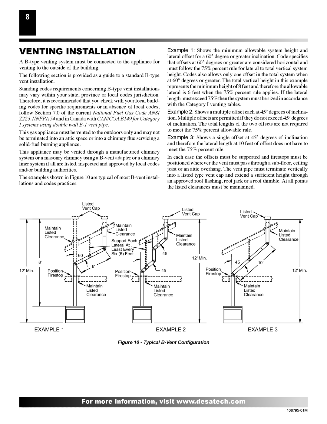 Desa H) AND VM42P(B, H) AND VM42(B, VM36P installation manual Venting Installation, Typical B-Vent Conﬁguration 