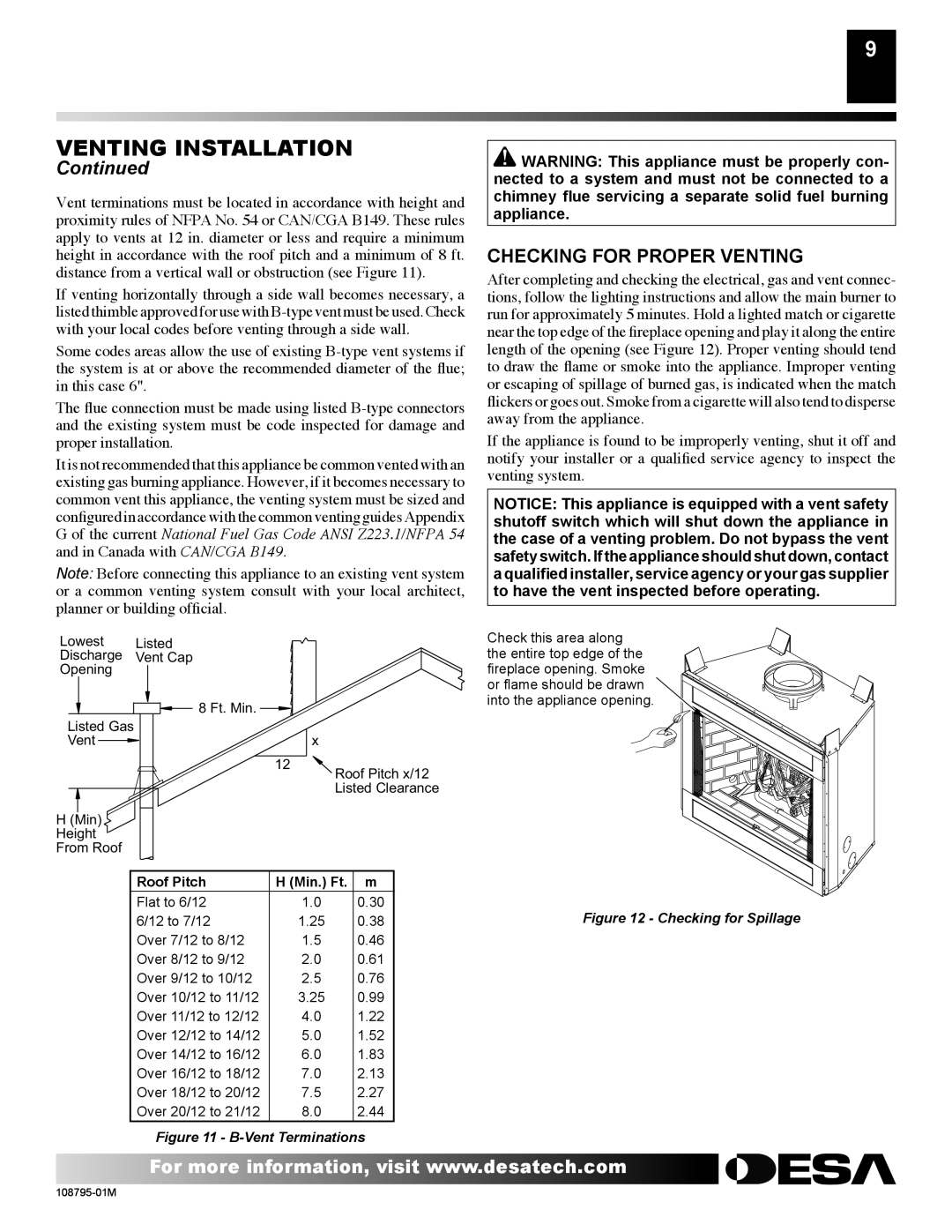 Desa H) AND VM42P(B, H) AND VM42(B, VM36P installation manual Venting Installation, Checking for Proper Venting 