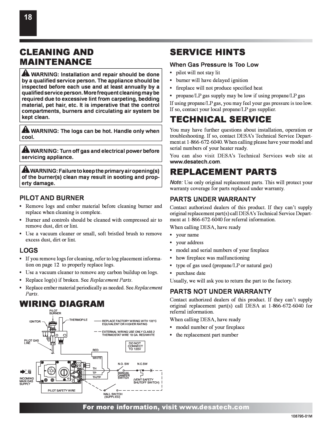 Desa H) AND VM42P(B, M36P Cleaning And Maintenance, Service Hints, Technical Service, Replacement Parts, Wiring Diagram 