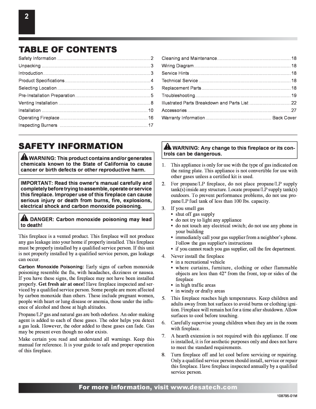 Desa H) AND VM42P(B, H) AND VM42(B, VM36P installation manual Table Of Contents, Safety Information 