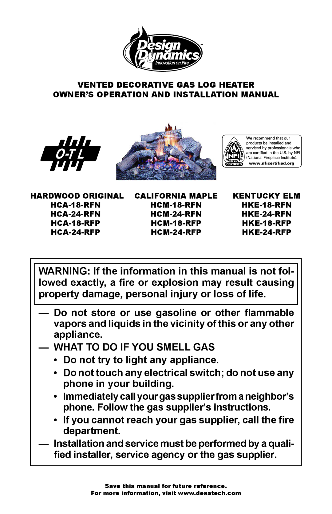 Desa HCA-18-RFP, HCA-18-RFN, HCA-24-RFN installation manual What to do if YOU Smell GAS, HCA-24-RFP HCM-24-RFP 