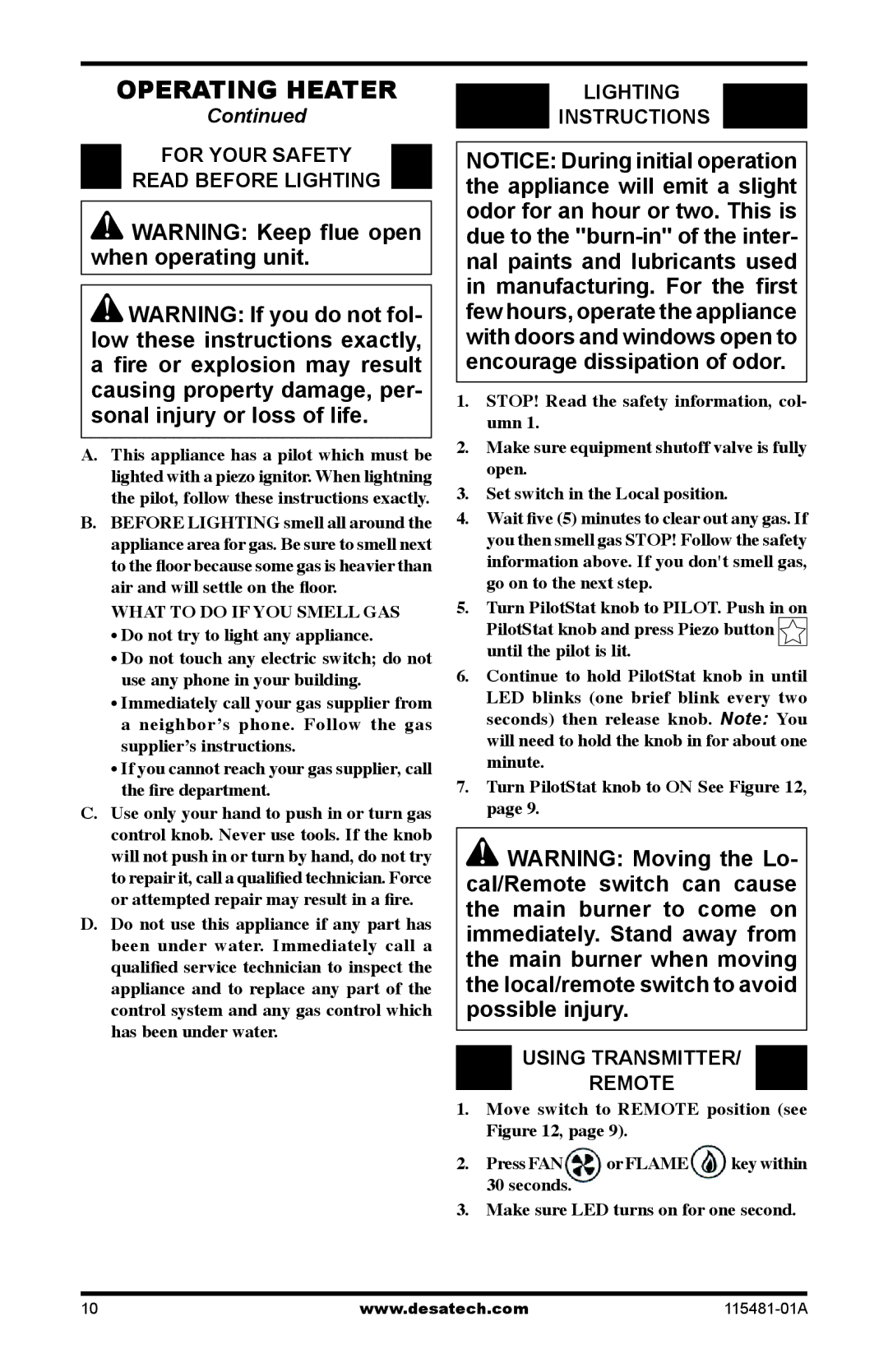 Desa HCA-24-RFN Operating Heater, For Your Safety Read Before Lighting, Lighting Instructions, Using Transmitter Remote 