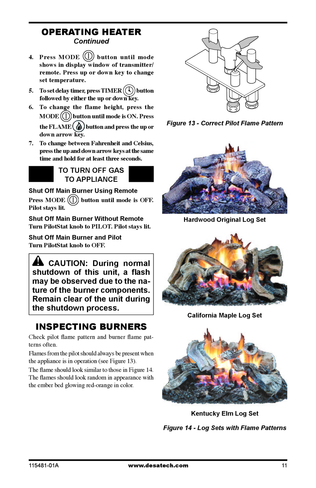 Desa HCA-24-RFP, HCA-18-RFN, HCA-18-RFP Inspecting Burners, To Turn OFF GAS To Appliance, Shut Off Main Burner Using Remote 