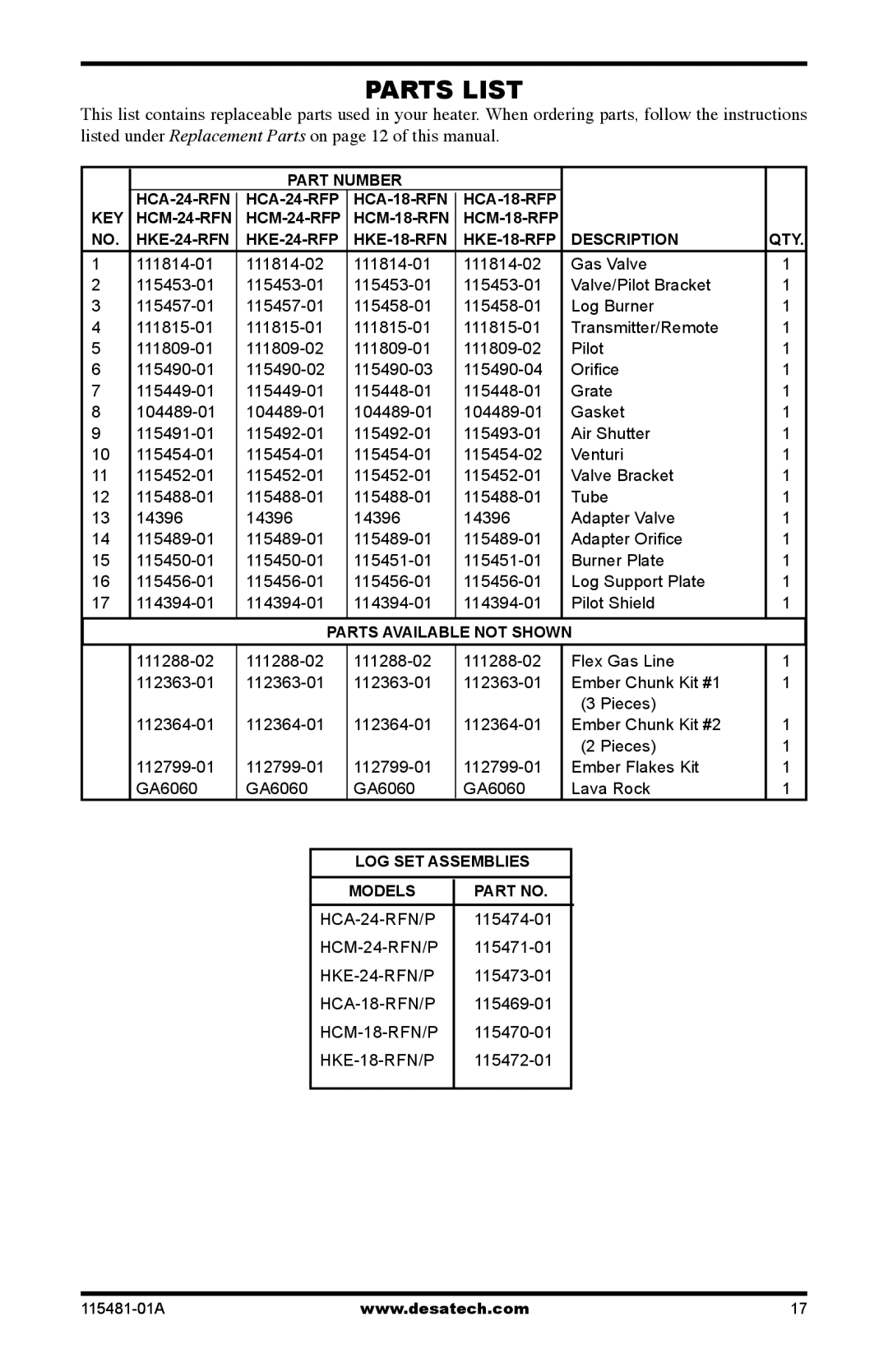 Desa HCA-18-RFP, HCA-18-RFN, HCA-24-RFN, HCA-24-RFP installation manual Parts List 