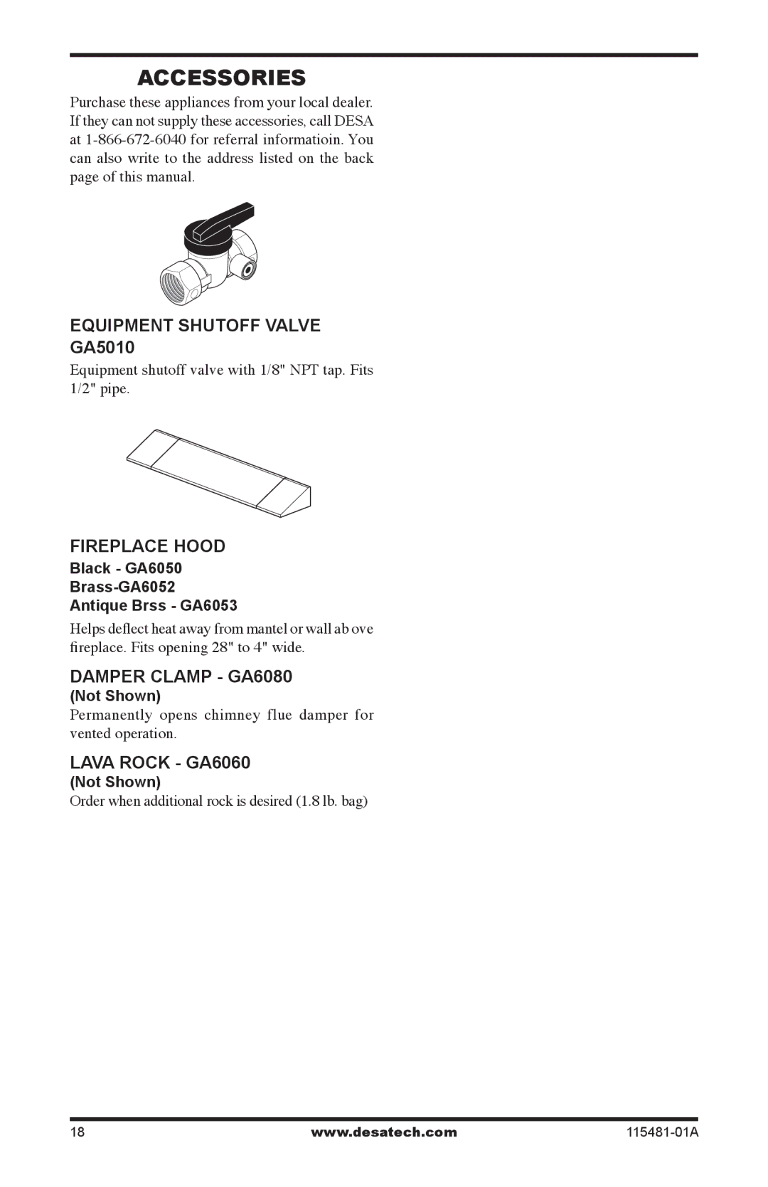 Desa HCA-24-RFN Accessories, Equipment Shutoff Valve GA5010, Fireplace Hood, Damper Clamp GA6080, Lava Rock GA6060 