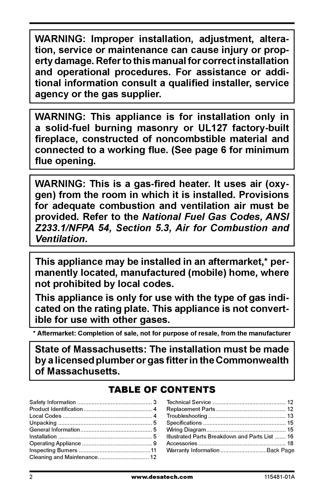 Desa HCA-24-RFN, HCA-18-RFN, HCA-18-RFP, HCA-24-RFP installation manual Table of Contents 