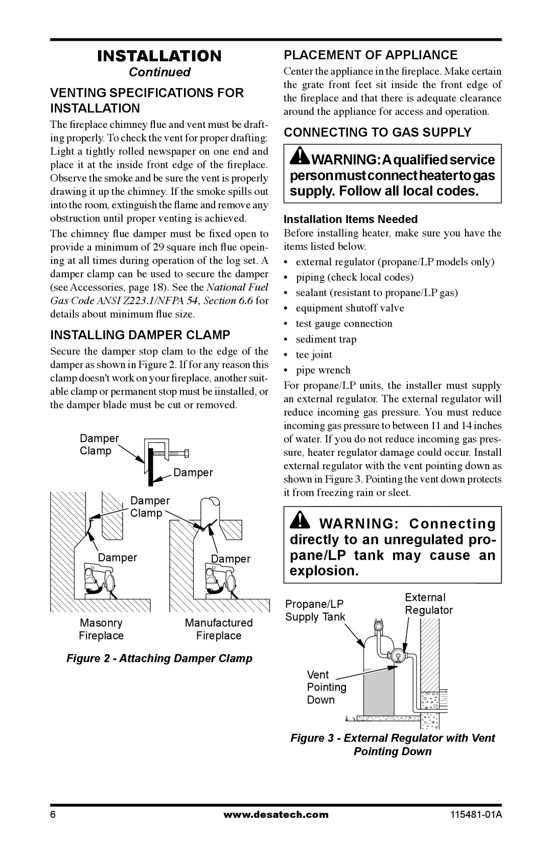 Desa HCA-24-RFN, HCA-18-RFN Venting Specifications for, Installation, Installing Damper Clamp, Placement of Appliance 