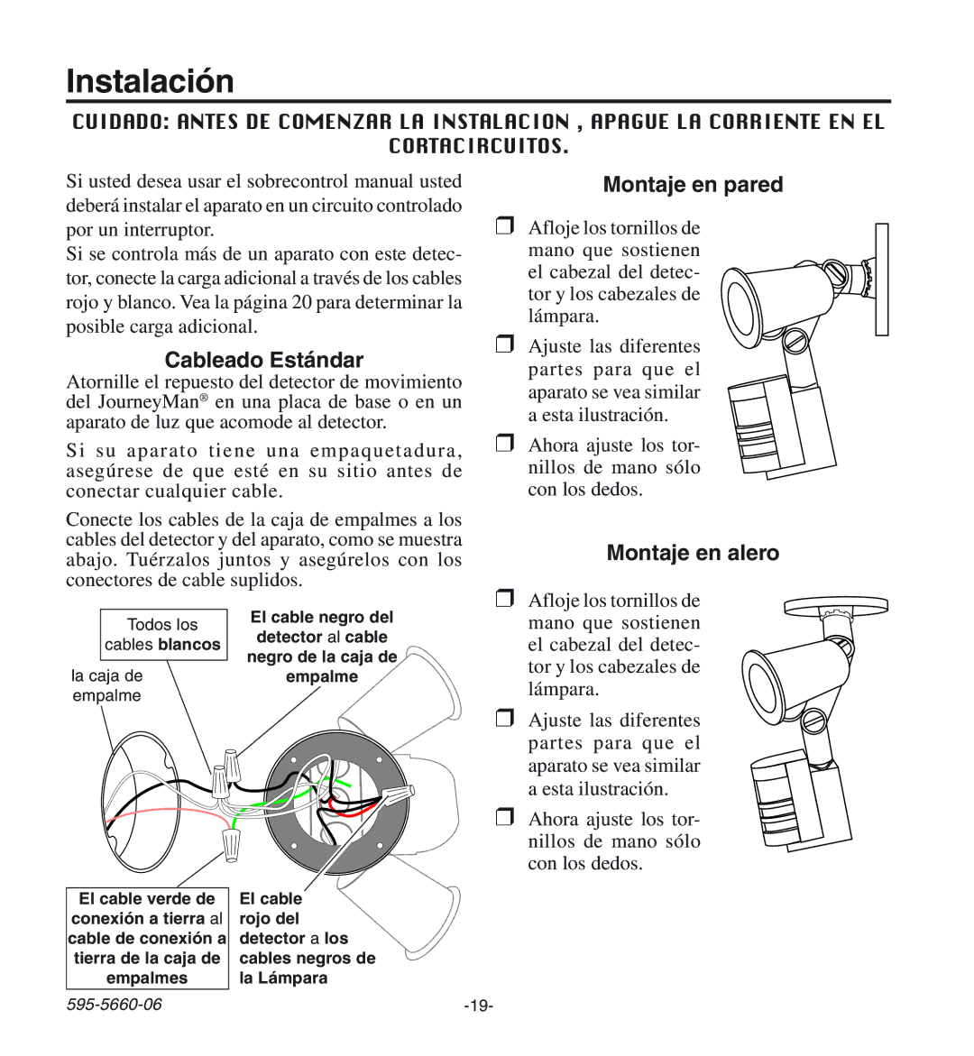 Desa HD-9140 manual Instalación, Cableado Estándar, Montaje en pared, Montaje en alero 