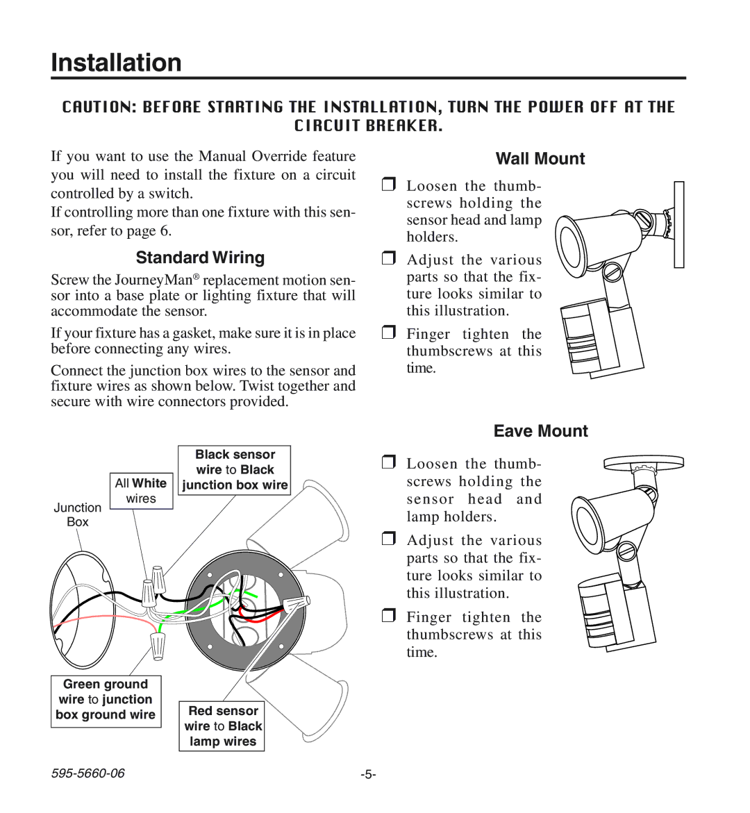 Desa HD-9140 manual Installation, Standard Wiring, Wall Mount, Eave Mount 