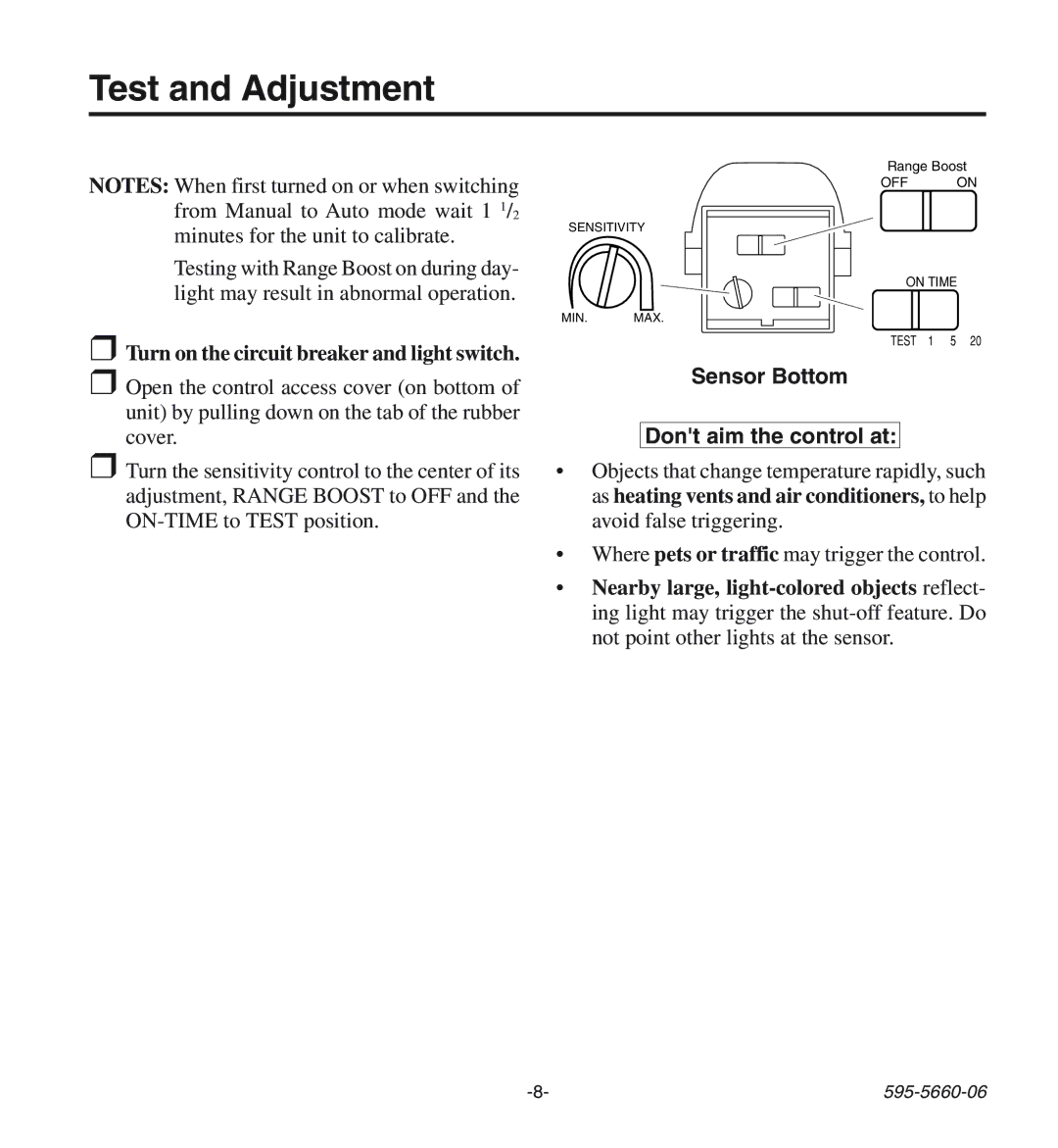 Desa HD-9140 manual Test and Adjustment, Turn on the circuit breaker and light switch 