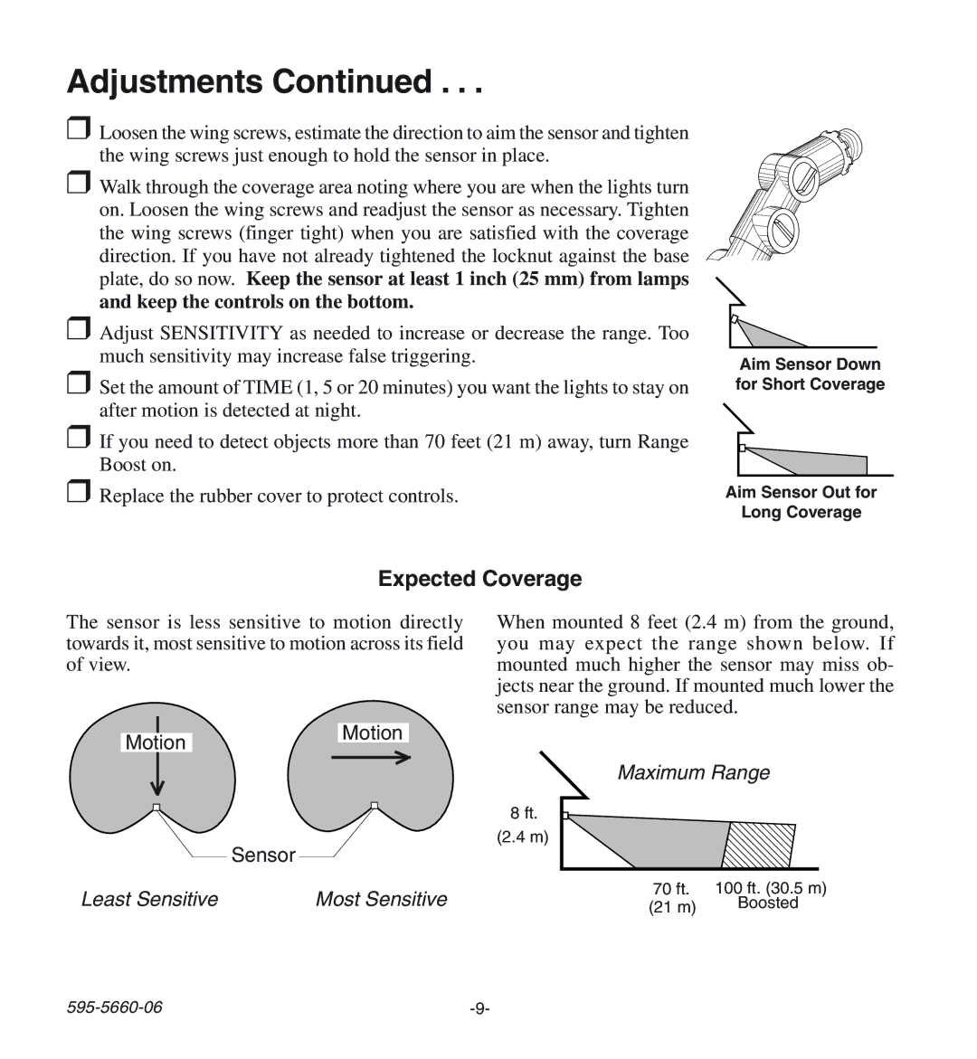 Desa HD-9140 manual Adjustments, Expected Coverage, Maximum Range, Least Sensitive 