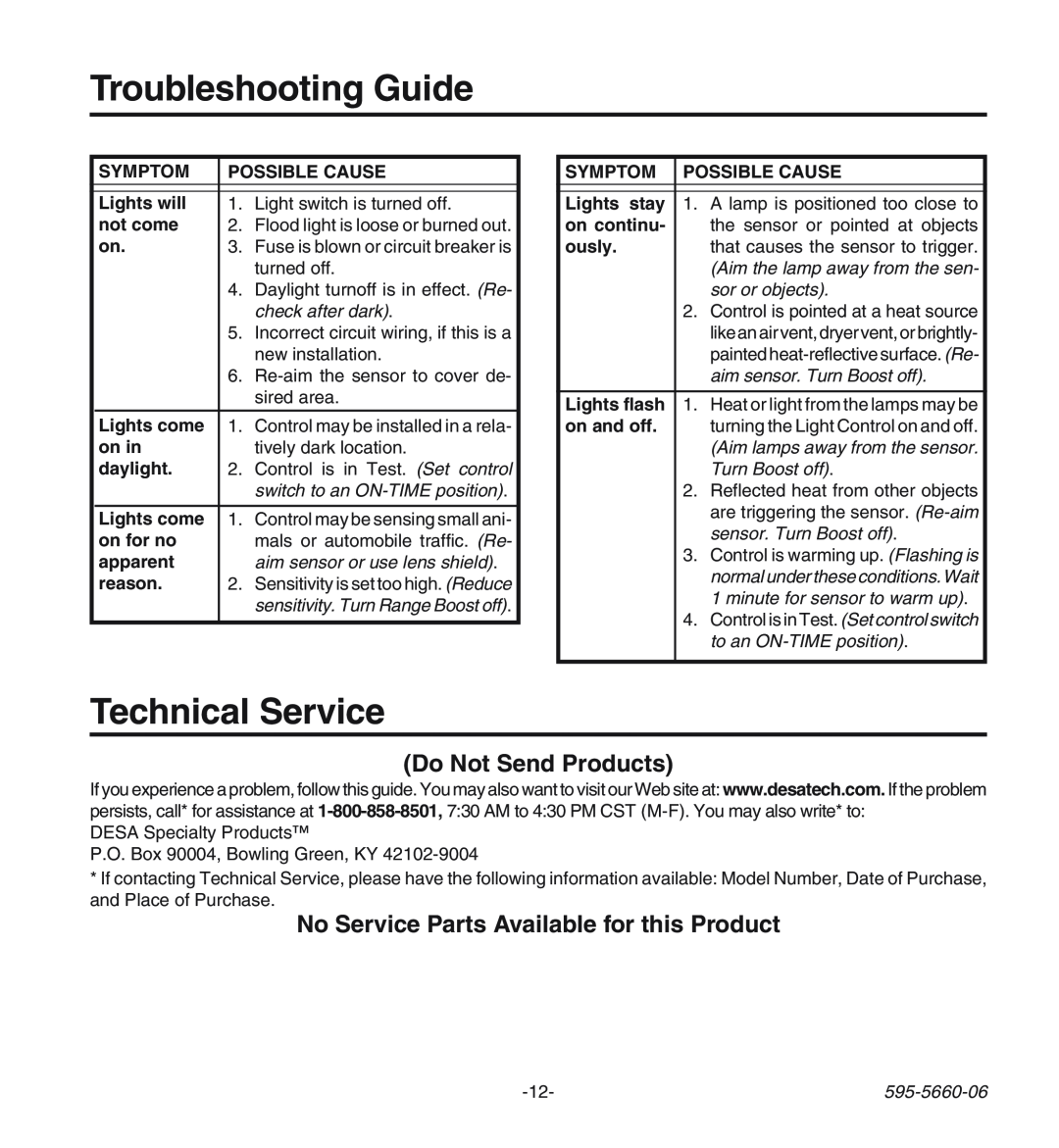 Desa HD-9140 Troubleshooting Guide, Technical Service, Do Not Send Products, No Service Parts Available for this Product 