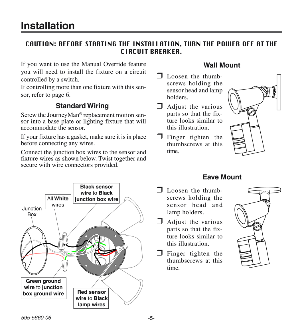 Desa HD-9140 manual Installation, Standard Wiring, Wall Mount, Eave Mount 