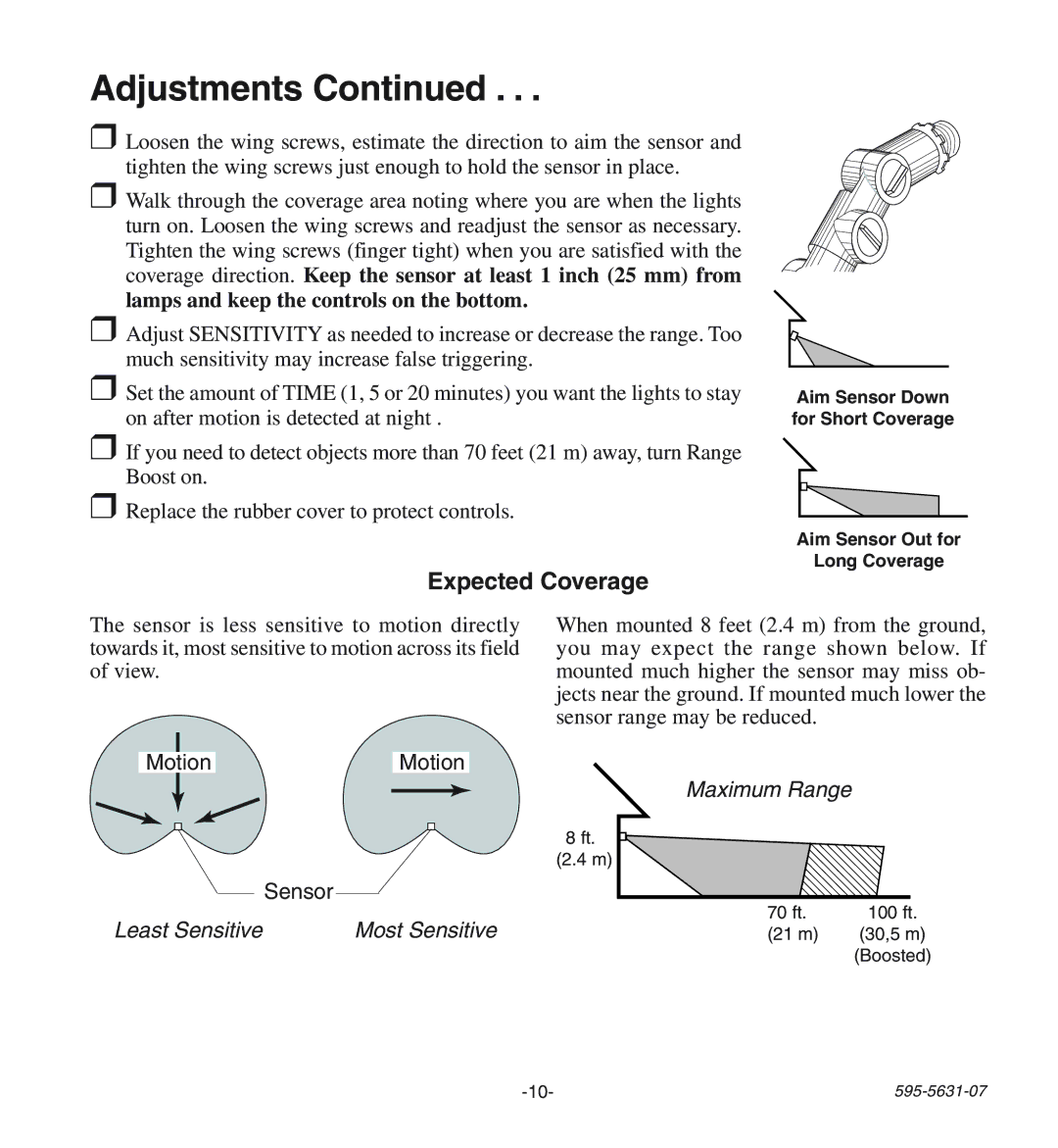 Desa HD-9240 manual Adjustments, Expected Coverage, Maximum Range, Least Sensitive 