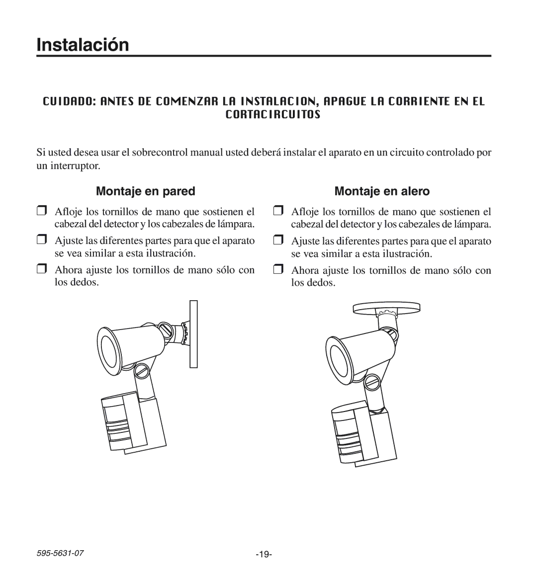 Desa HD-9240 manual Instalación, Montaje en pared Montaje en alero 