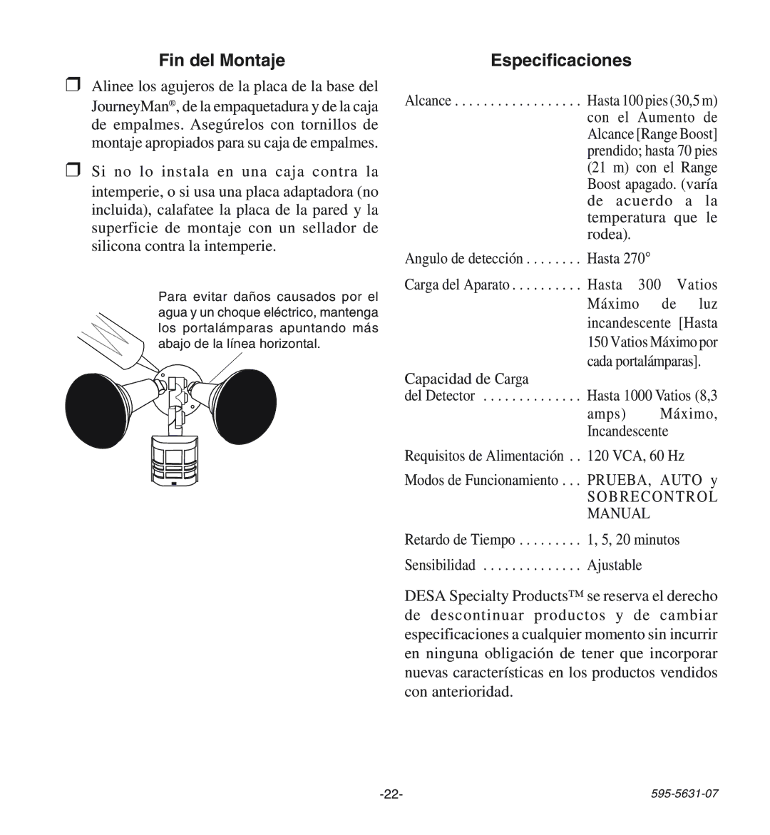 Desa HD-9240 manual Fin del Montaje, Especificaciones 