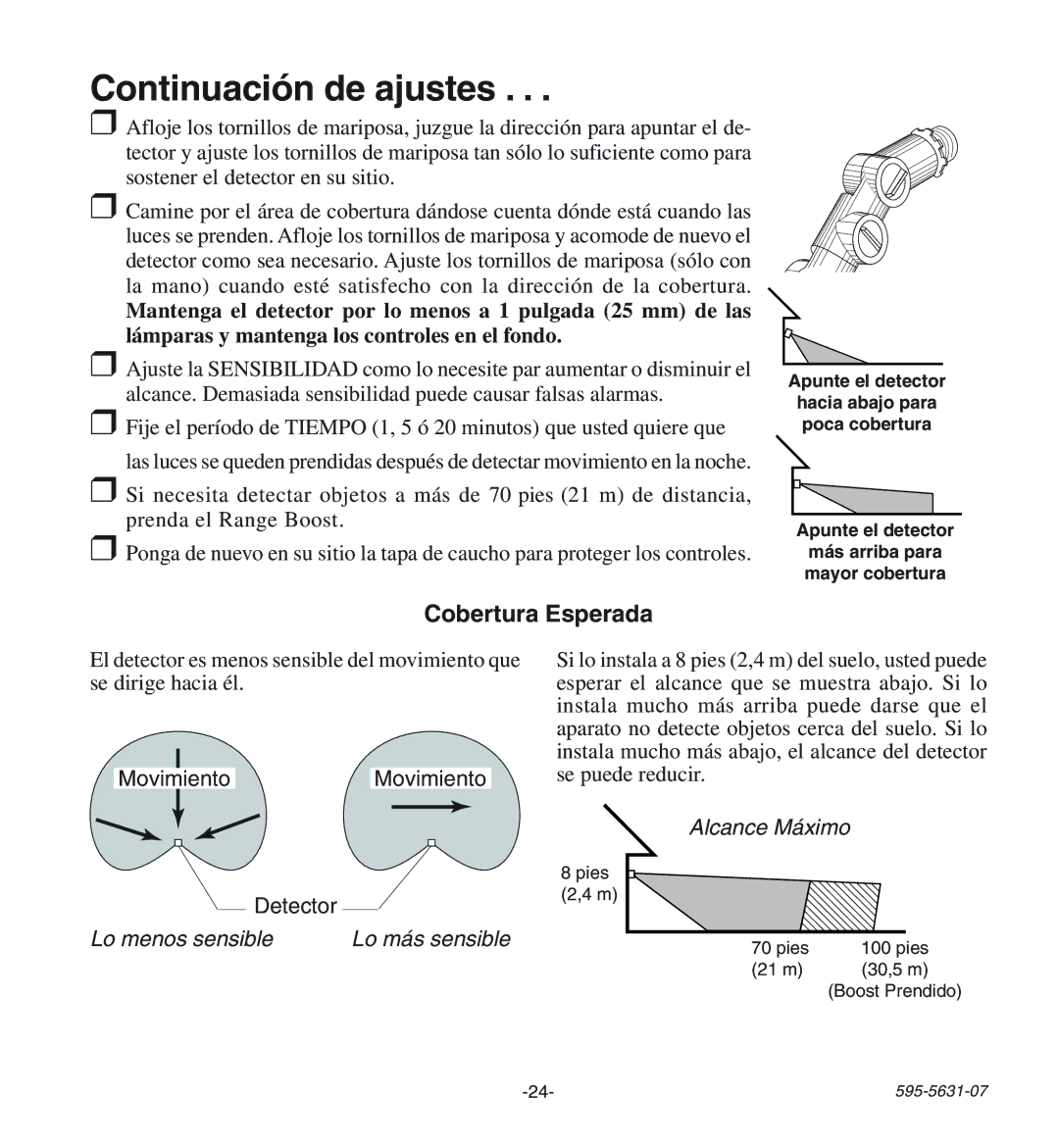 Desa HD-9240 manual Continuación de ajustes, Cobertura Esperada, Alcance Máximo, Lo menos sensible Lo más sensible 