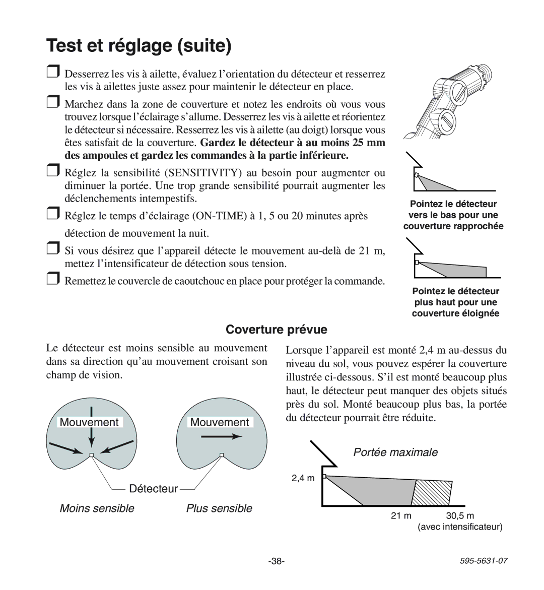 Desa HD-9240 manual Test et réglage suite, Coverture prévue, Portée maximale, Moins sensible 