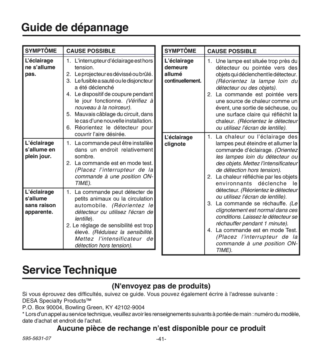 Desa HD-9240 manual Guide de dépannage, Service Technique, Nenvoyez pas de produits 