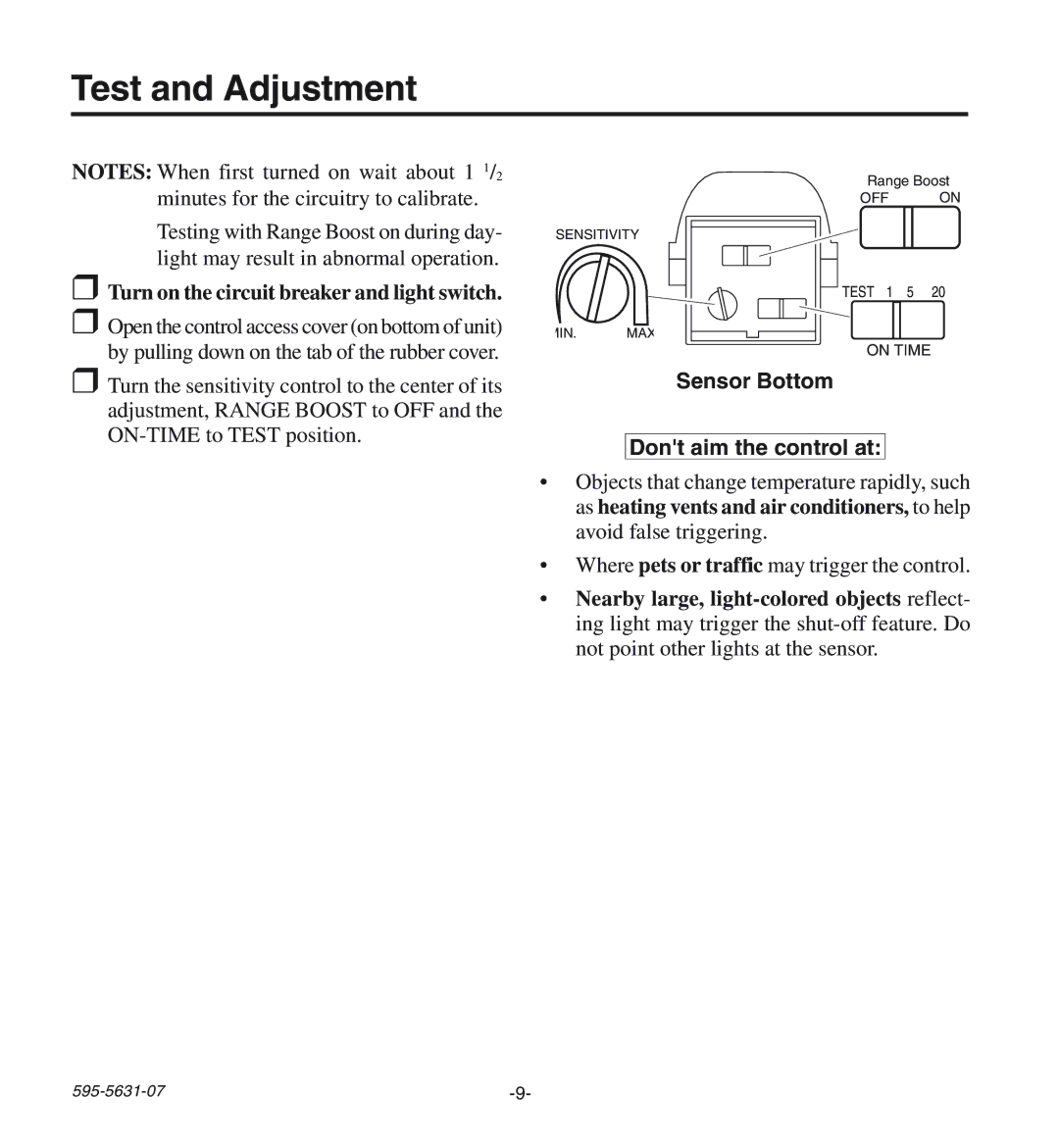 Desa HD-9240 manual Test and Adjustment, Turn on the circuit breaker and light switch 