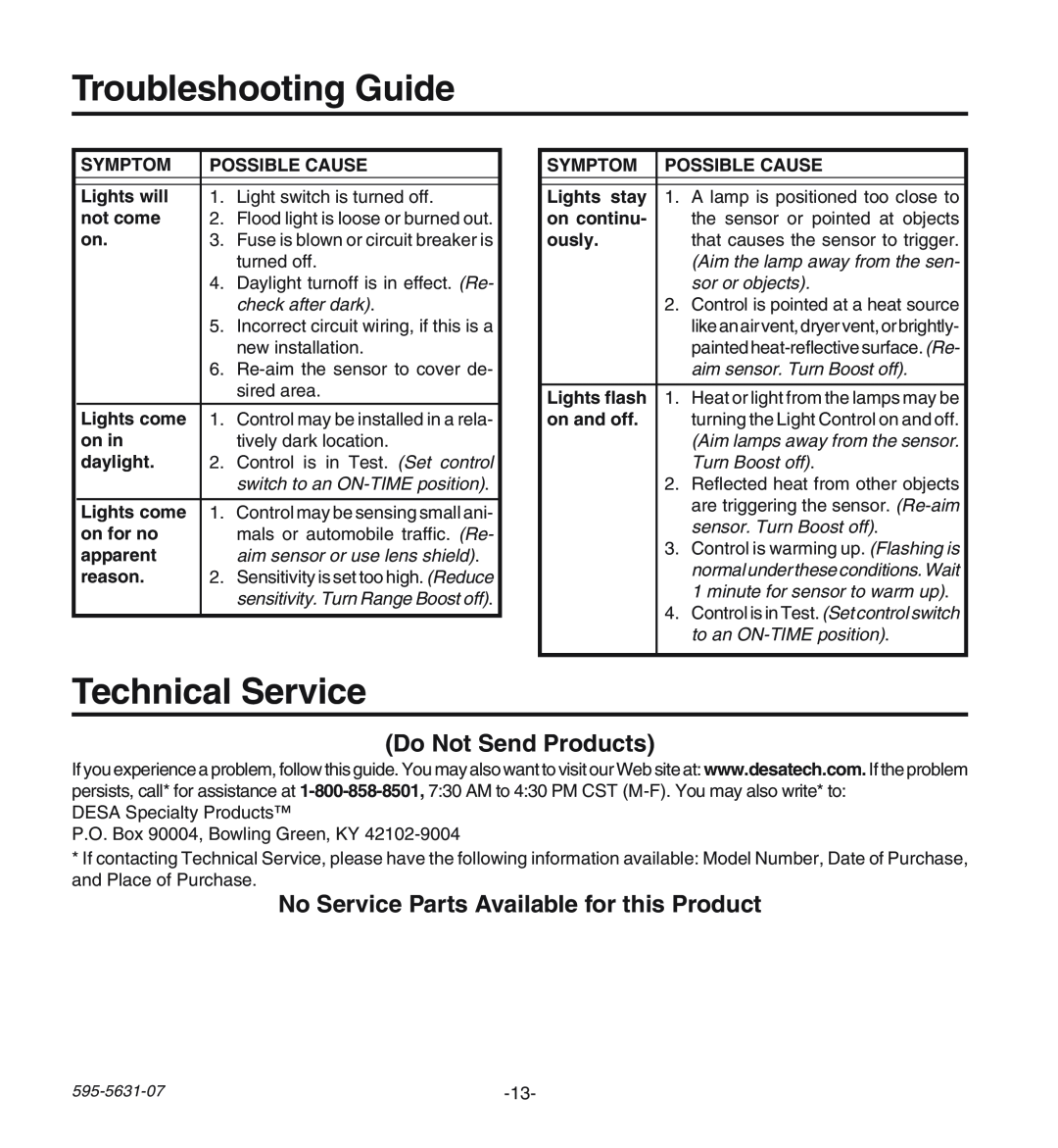 Desa HD-9240 Troubleshooting Guide, Technical Service, Do Not Send Products, No Service Parts Available for this Product 