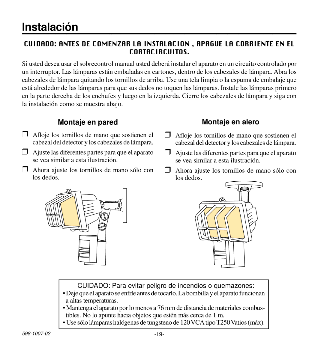 Desa HD-9260 manual Instalación, Montaje en pared Montaje en alero 