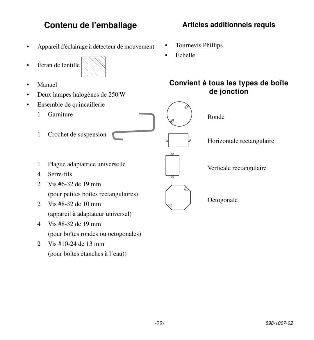 Desa HD-9260 manual Articles additionnels requis, Convient à tous les types de boîte De jonction 