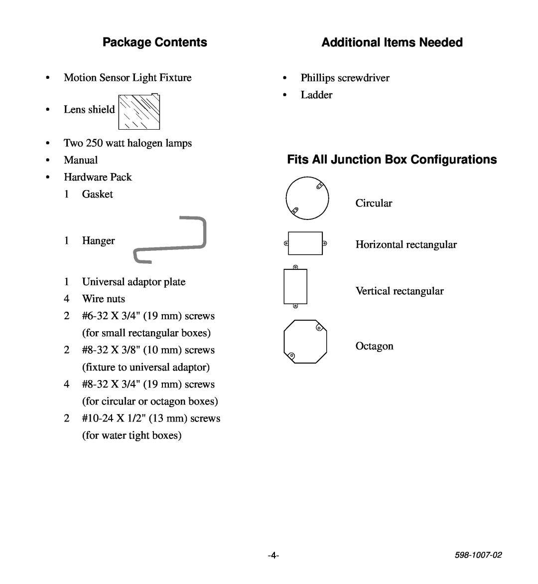 Desa HD-9260 manual Package Contents, Additional Items Needed, Fits All Junction Box Configurations 