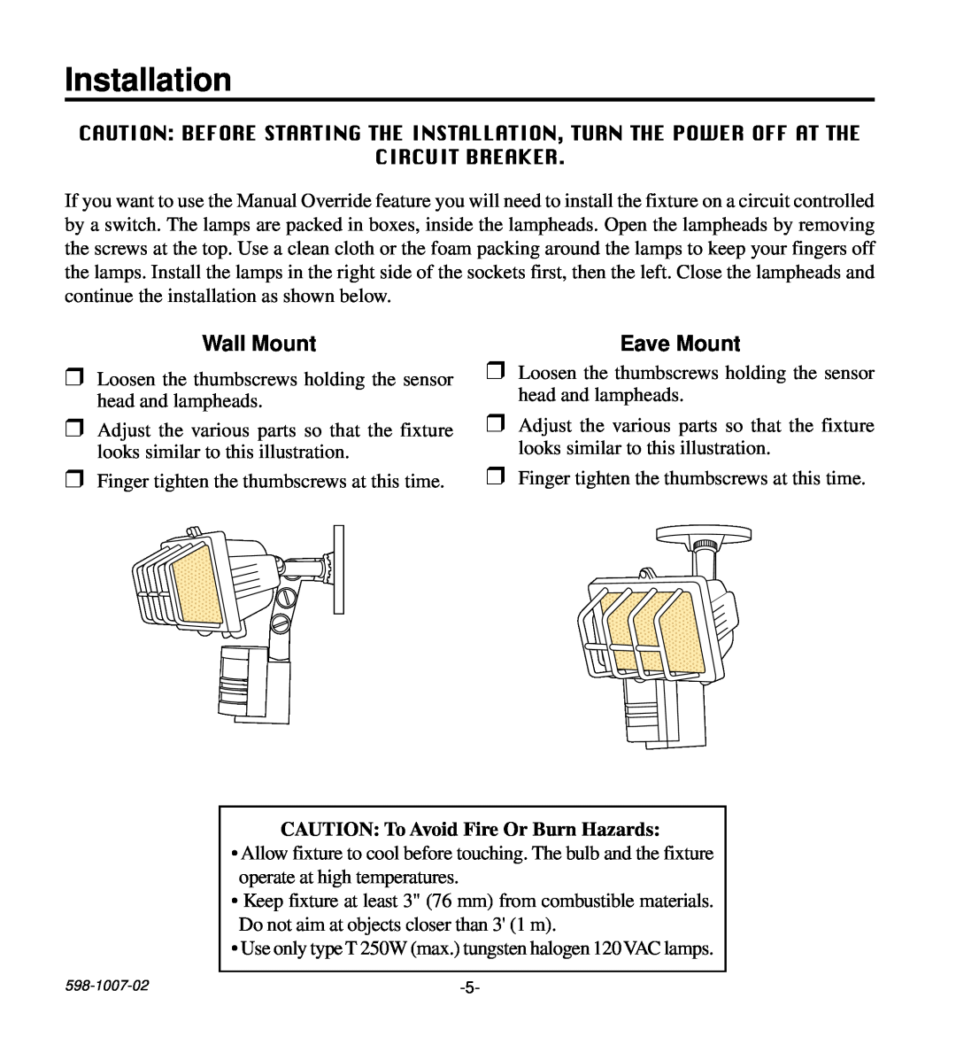Desa HD-9260 manual Installation, Wall Mount, Eave Mount, CAUTION: To Avoid Fire Or Burn Hazards 