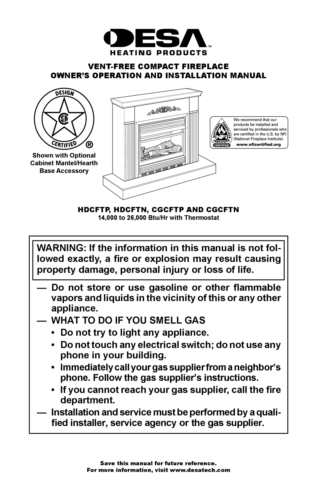 Desa CGCFTP, CGCFTN 14 installation manual HDCFTP, HDCFTN, Cgcftp and Cgcftn, 14,000 to 26,000 Btu/Hr with Thermostat 