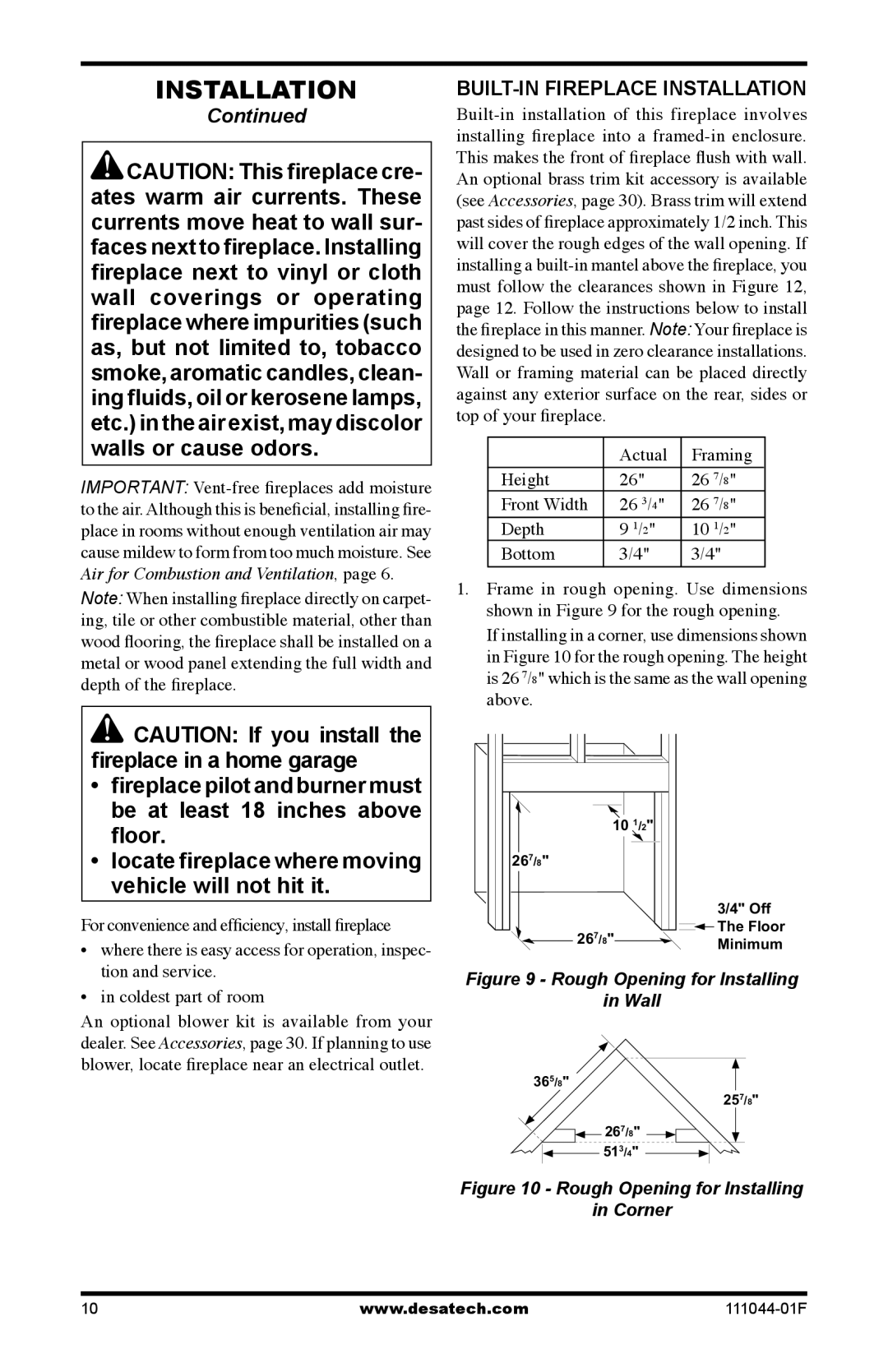 Desa HDCFTN, CGCFTP, CGCFTN 14 installation manual BUILT-IN Fireplace Installation, Rough Opening for Installing Wall 