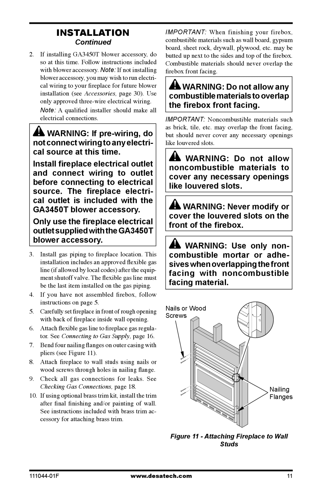 Desa CGCFTP, CGCFTN 14, HDCFTN If you have not assembled ﬁrebox, follow instructions on, Attaching Fireplace to Wall Studs 