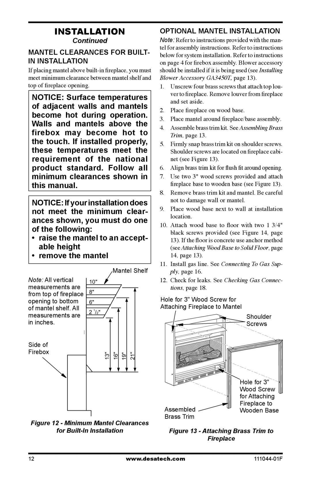 Desa HDCFTN, CGCFTP, CGCFTN 14 Mantel Clearances for BUILT- in Installation, Optional Mantel Installation 