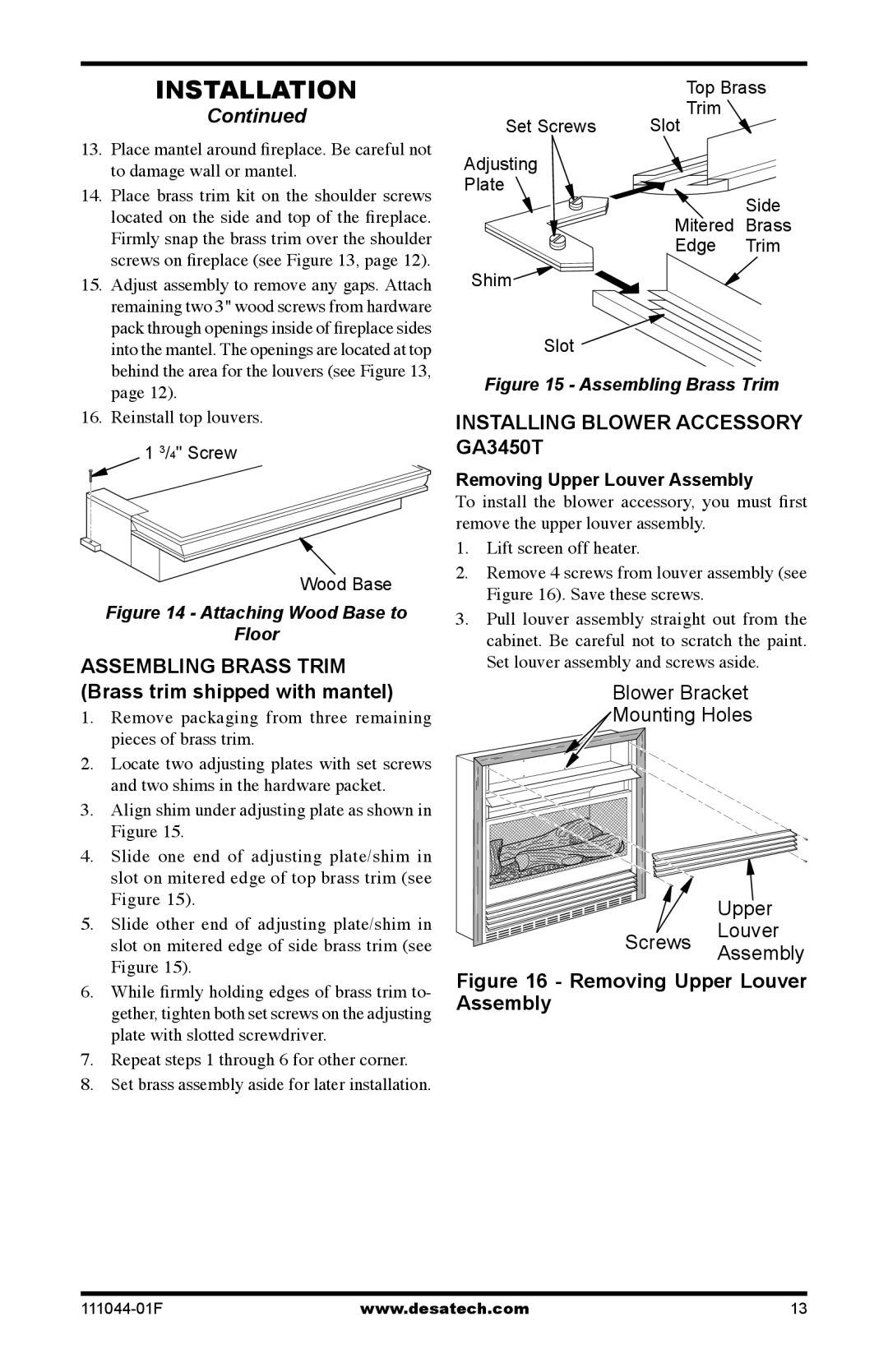 Desa CGCFTP, CGCFTN 14, HDCFTN installation manual Installing Blower Accessory, Removing Upper Louver Assembly 