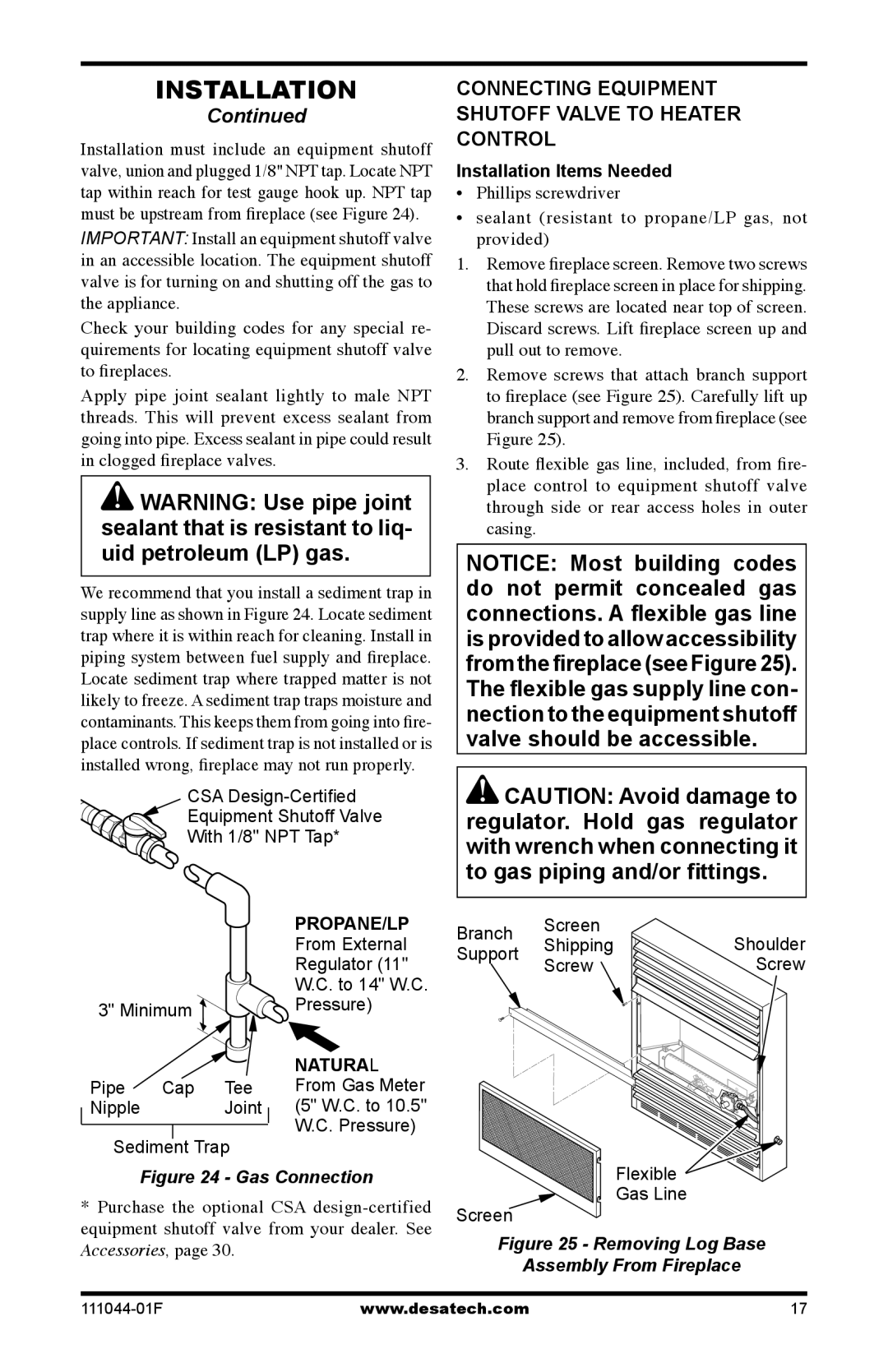 Desa CGCFTP, CGCFTN 14, HDCFTN Connecting Equipment Shutoff Valve to Heater Control, Installation Items Needed 